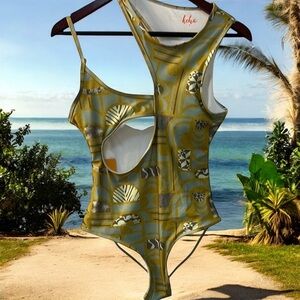 KEHA Hawaii One Piece Monokini Swimsuit, Yellow, Blue and Gray, Sz L NWT